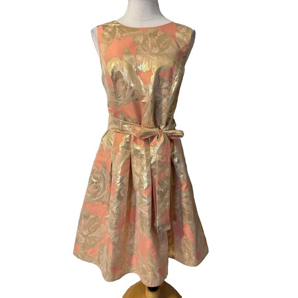 Tommy Hilfiger Dress 12 Peach Gold Foil Floral A Line Belt Church Party Wedding - Picture 1 of 15